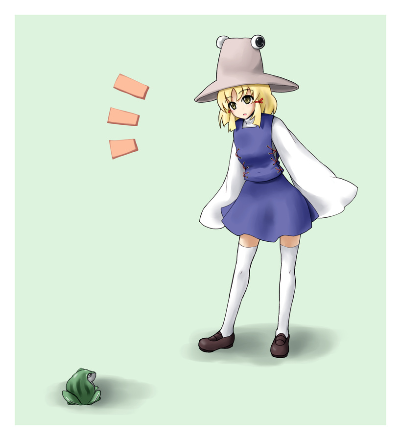 sinnlos, moriya suwako, touhou, bad id, bad pixiv id, 1girl, blonde hair, female focus, frog, full body, hat, short hair, skirt, solo, thighhighs, yellow eyes