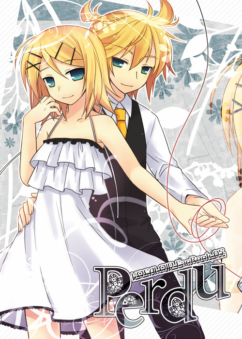tamura hiro, kagamine len, kagamine rin, cendrillon (vocaloid), vocaloid, 1boy, 1girl, blonde hair, brother and sister, half-closed eyes, hetero, holding hands, incest, short hair, siblings, twins