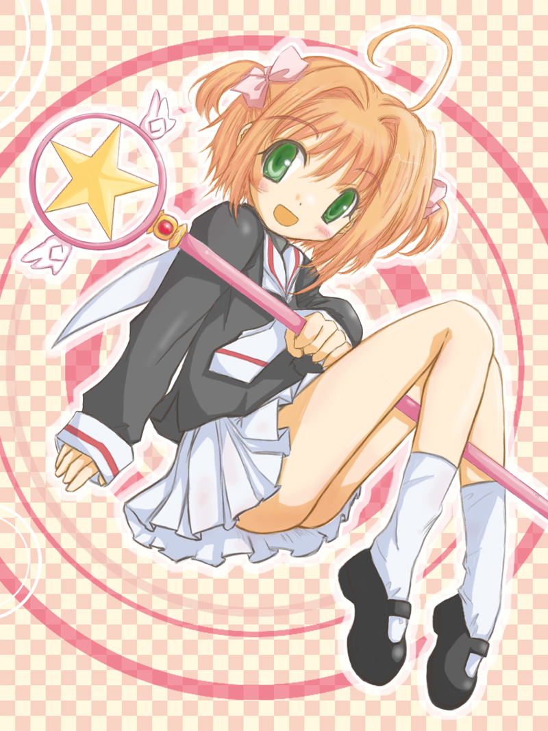 sugata naomi, kinomoto sakura, cardcaptor sakura, 1990s (style), 1girl, blush, bow, brown hair, child, female focus, full body, green eyes, hair bow, hoshi no tsue, magical girl, retro artstyle, school uniform, short twintails, solo, staff, tomoeda middle school uniform, twintails