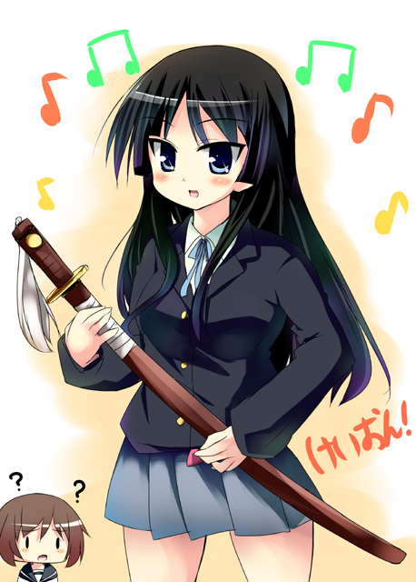 tekehiro, akiyama mio, hirasawa yui, isayama yomi, tsuchimiya kagura, ga-rei, ga-rei zero, k-on!, 2girls, blunt bangs, collared shirt, copyright name, cosplay, hime cut, look-alike, multiple girls, parody, school uniform, shirt, sword, weapon