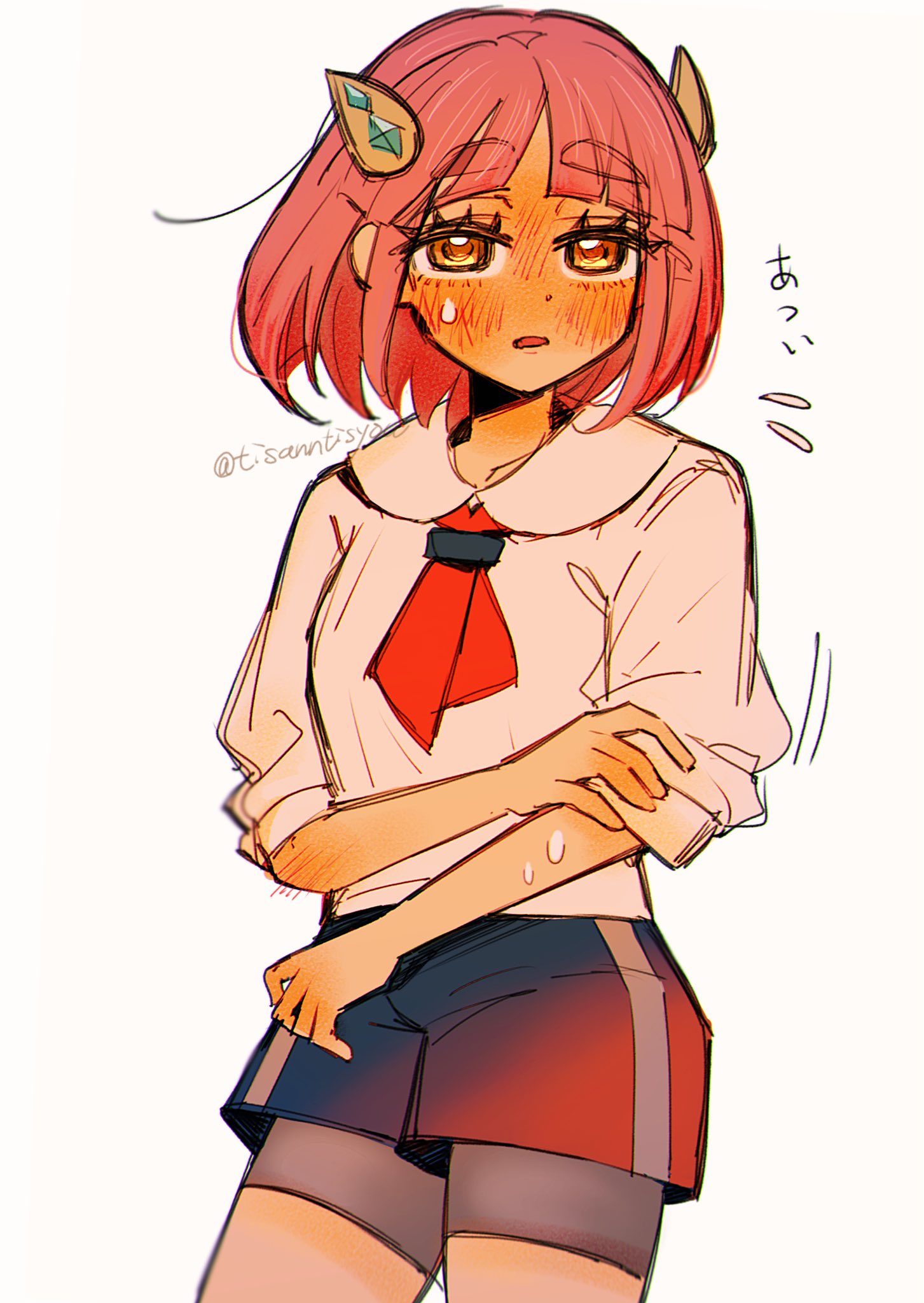 tisanntisyou, lacey (pokemon), nintendo, pokemon, pokemon sv, commentary request, highres, 1girl, blush, eyelashes, flying sweatdrops, hair ornament, hairclip, hot, neckerchief, nose blush, orange eyes, parted lips, pink hair, red neckerchief, shirt, short hair, shorts, shorts under shorts, simple background, sleeves rolled up, solo, sweat, twitter username, white background, white shirt