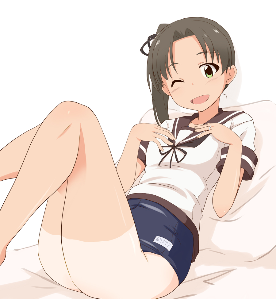 kugui kiyunemu, ayanami (kancolle), kantai collection, commentary request, 1girl, :d, ass, bed sheet, black neckerchief, black ribbon, blue one-piece swimsuit, blush, brown hair, brown sailor collar, character name, collarbone, green eyes, hair ribbon, jewelry, knees up, long hair, looking at viewer, name tag, neckerchief, on bed, one-piece swimsuit, one eye closed, open mouth, parted bangs, pillow, reclining, ribbon, ring, sailor collar, school swimsuit, shadow, shirt, short sleeves, side ponytail, simple background, smile, solo, swimsuit, swimsuit under clothes, tan, tanline, thighs, wedding ring, white background, white shirt