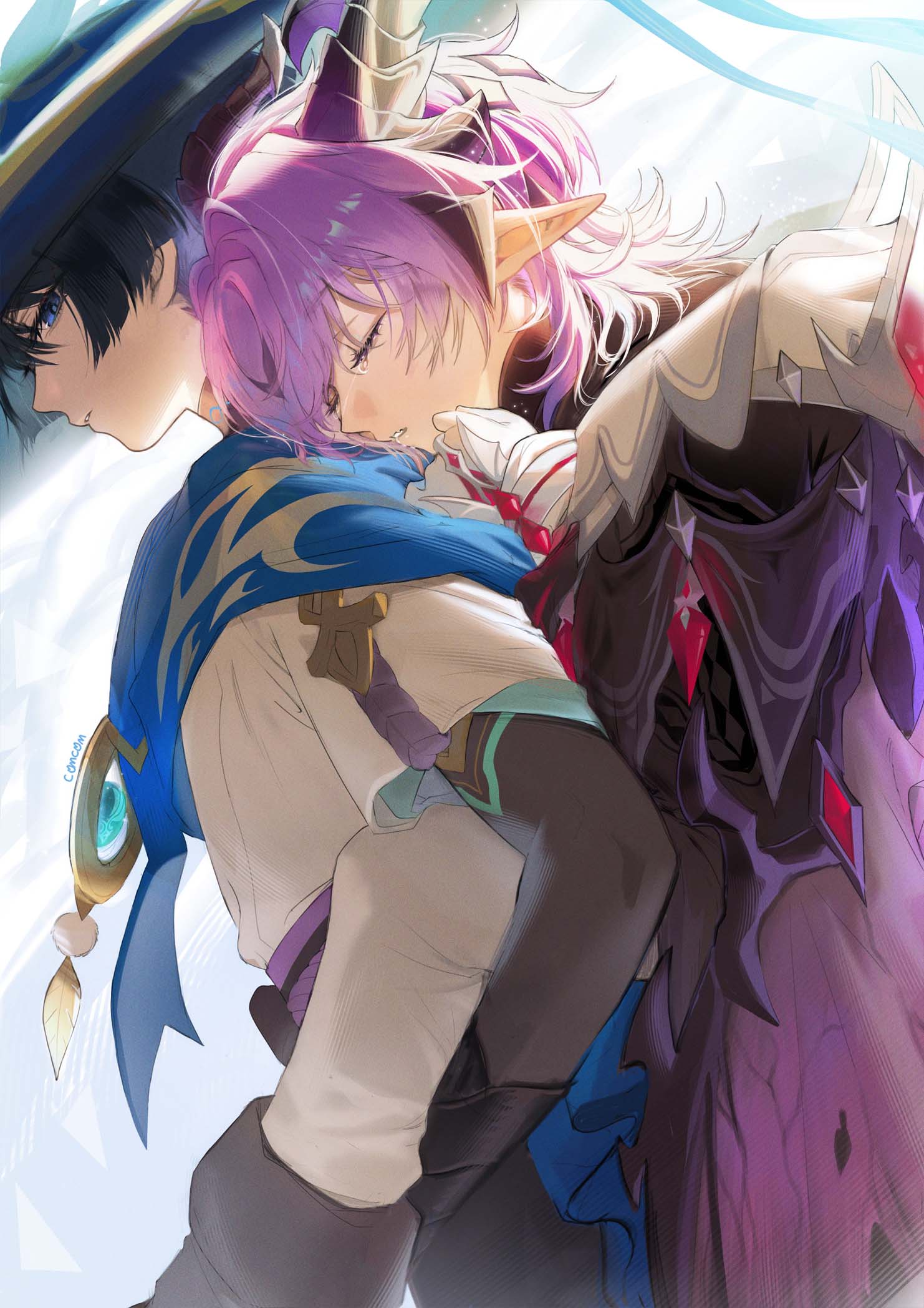 comcom (comcomhey), mini durin (genshin impact), mini durin (human) (genshin impact), scaramouche (genshin impact), wanderer (genshin impact), genshin impact, highres, 2boys, blue eyes, blue hair, blunt ends, carrying, closed eyes, closed mouth, crying, eyelashes, from side, hat, horns, japanese clothes, jingasa, male focus, multiple boys, parted lips, piggyback, pointy ears, purple hair, short hair, tears, teeth