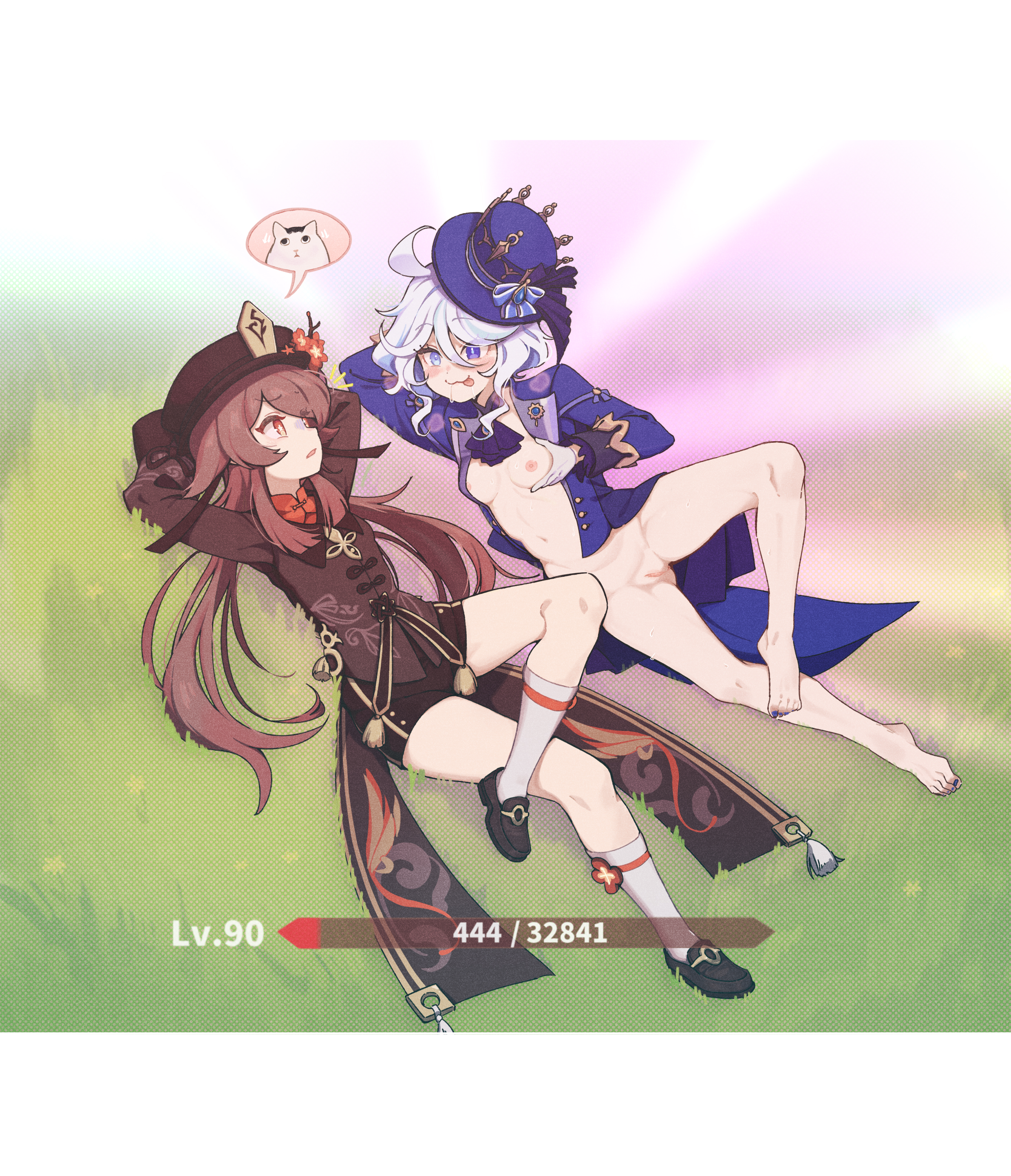 tansuan n, tuxedo cat, furina (genshin impact), hu tao (genshin impact), genshin impact, absurdres, chinese commentary, commentary request, highres, 2girls, :3, :p, ahoge, arm behind head, arm support, arms behind head, arms up, ascot, bare legs, barefoot, black ascot, black shoes, black shorts, blazer, blue bow, blue eyes, blue hat, blue jacket, blue nails, blue pupils, blush, bottomless, bow, breasts, breasts apart, bright pupils, brown hair, brown hat, brown jacket, buttons, cat, chinese clothes, closed mouth, coattails, curly hair, double-parted bangs, drooling, exhibitionism, eye contact, flipped bangs, flower, flower-shaped pupils, full body, furrowed brow, gameplay mechanics, gloves, glowing, grabbing own breast, grasslands, hair between eyes, hair flaps, hat, hat bow, hat flower, head rest, health bar, heterochromia, jacket, knee up, loafers, long hair, long sleeves, looking at another, low twintails, lying, mandarin collar, multiple girls, nail polish, naked jacket, navel, nipples, notice lines, on back, on grass, on side, open clothes, open jacket, pankou, parted lips, plum blossoms, porkpie hat, public indecency, pussy, red eyes, red flower, saliva, shin strap, shoes, short hair, short shorts, shorts, small breasts, socks, spoken animal, stomach, symbol-shaped pupils, tailcoat, toenail polish, toenails, toes, tongue, tongue out, top hat, turn pale, turning head, twintails, very long hair, white gloves, white hair, white pupils, white socks