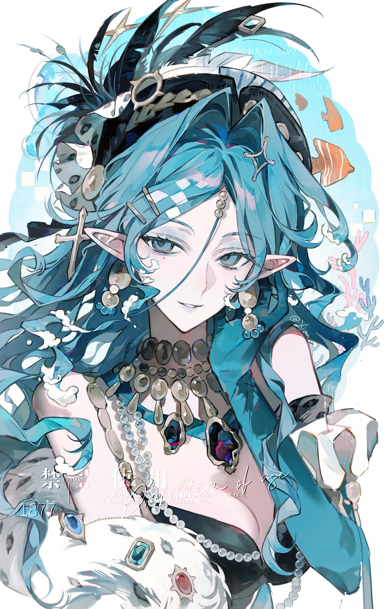owowowo555, original, highres, 1girl, aqua eyes, aqua hair, bare shoulders, breasts, cleavage, detached sleeves, dress, earrings, feathers, fish, gloves, hat, hat feather, hat ornament, jewelry, long hair, looking at viewer, medium breasts, necklace, pearl necklace, pointy ears, smile, solo, white background