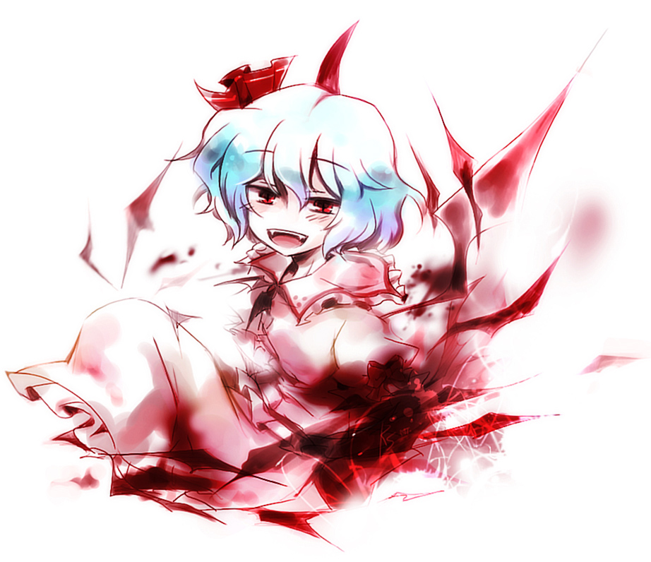 nightea, remilia scarlet, touhou, 1girl, bat wings, blue hair, fangs, female focus, no headwear, open mouth, red eyes, short hair, smile, solo, wings