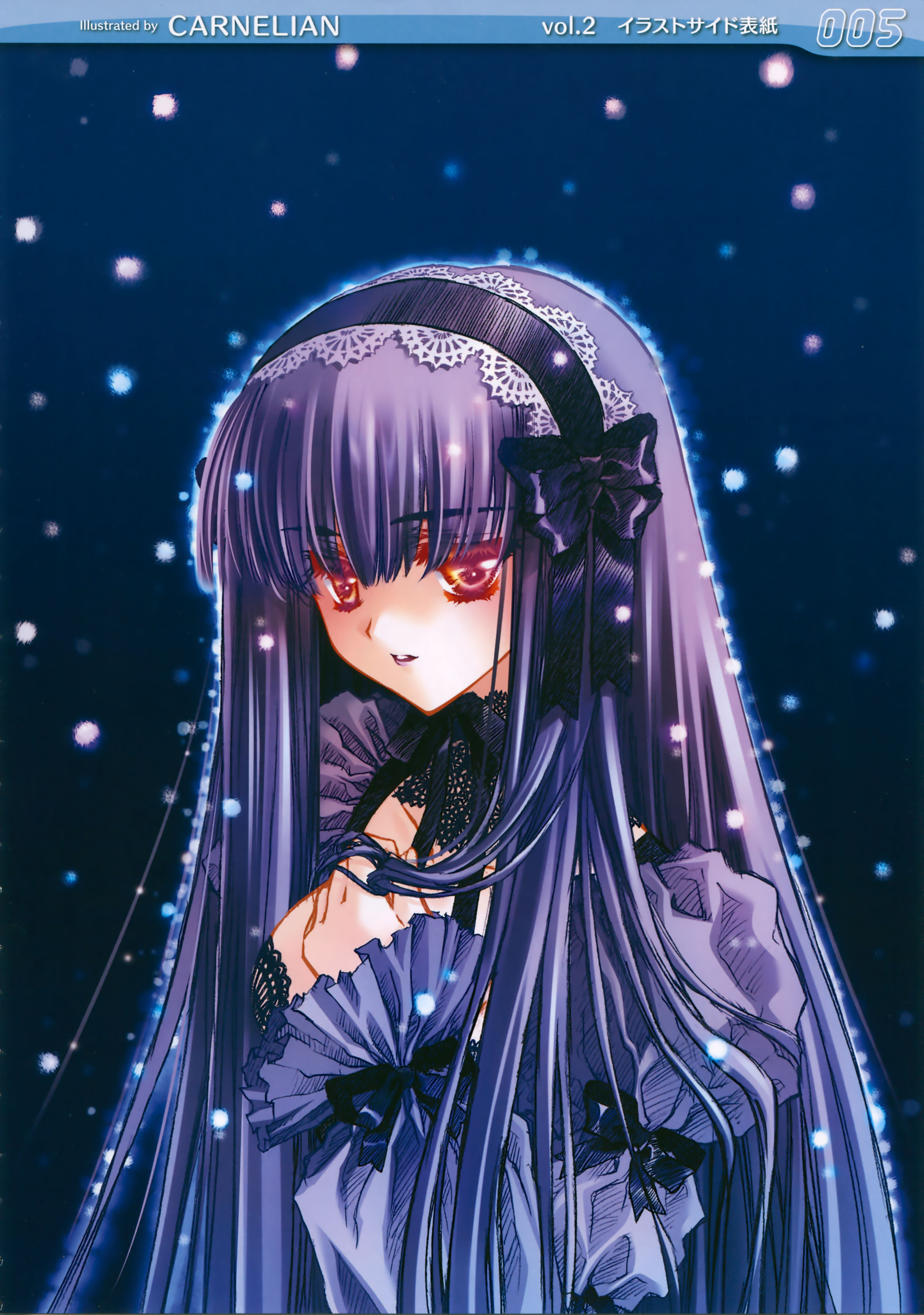 carnelian, absurdres, highres, dress, gothic lolita, lolita fashion, long hair, purple hair, ribbon, solo
