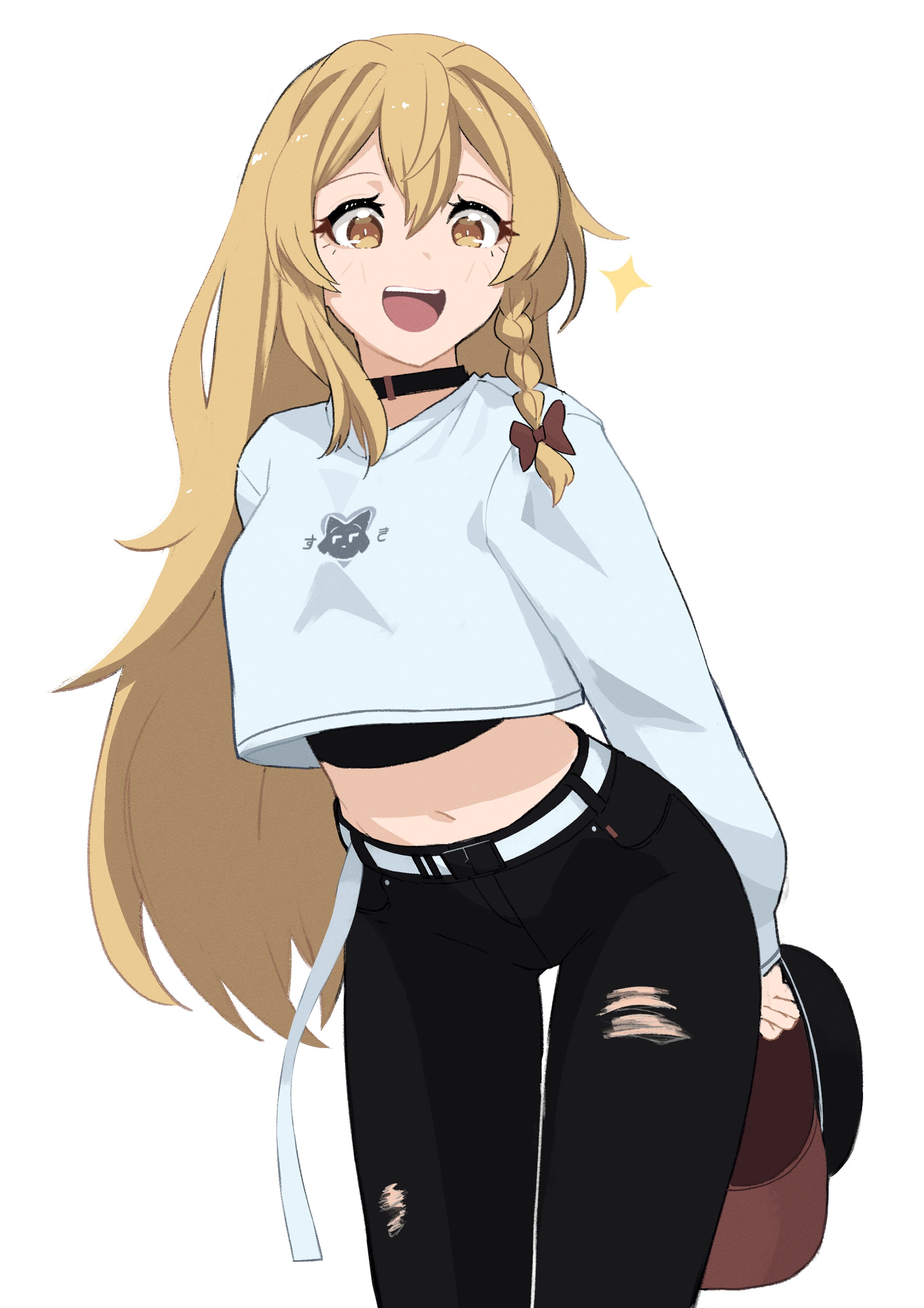 fav faris, original, absurdres, highres, 1girl, belt, black choker, black pants, blonde hair, bow, bright pupils, brown bow, choker, cowboy shot, crop top, crop top overhang, cropped sweater, double-parted bangs, hair between eyes, hair bow, hat, holding, holding unworn clothes, holding unworn hat, long bangs, long hair, long sleeves, midriff, navel, open mouth, pants, print sweater, simple background, smile, solo, sparkle, standing, straight hair, sweater, torn clothes, torn pants, unworn hat, unworn headwear, very long hair, white background, white belt, white pupils, white sweater, yellow eyes