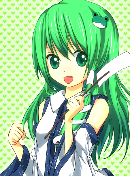 yuru (kashima), kochiya sanae, touhou, bad id, bad pixiv id, 1girl, detached sleeves, female focus, gohei, green hair, oonusa, solo