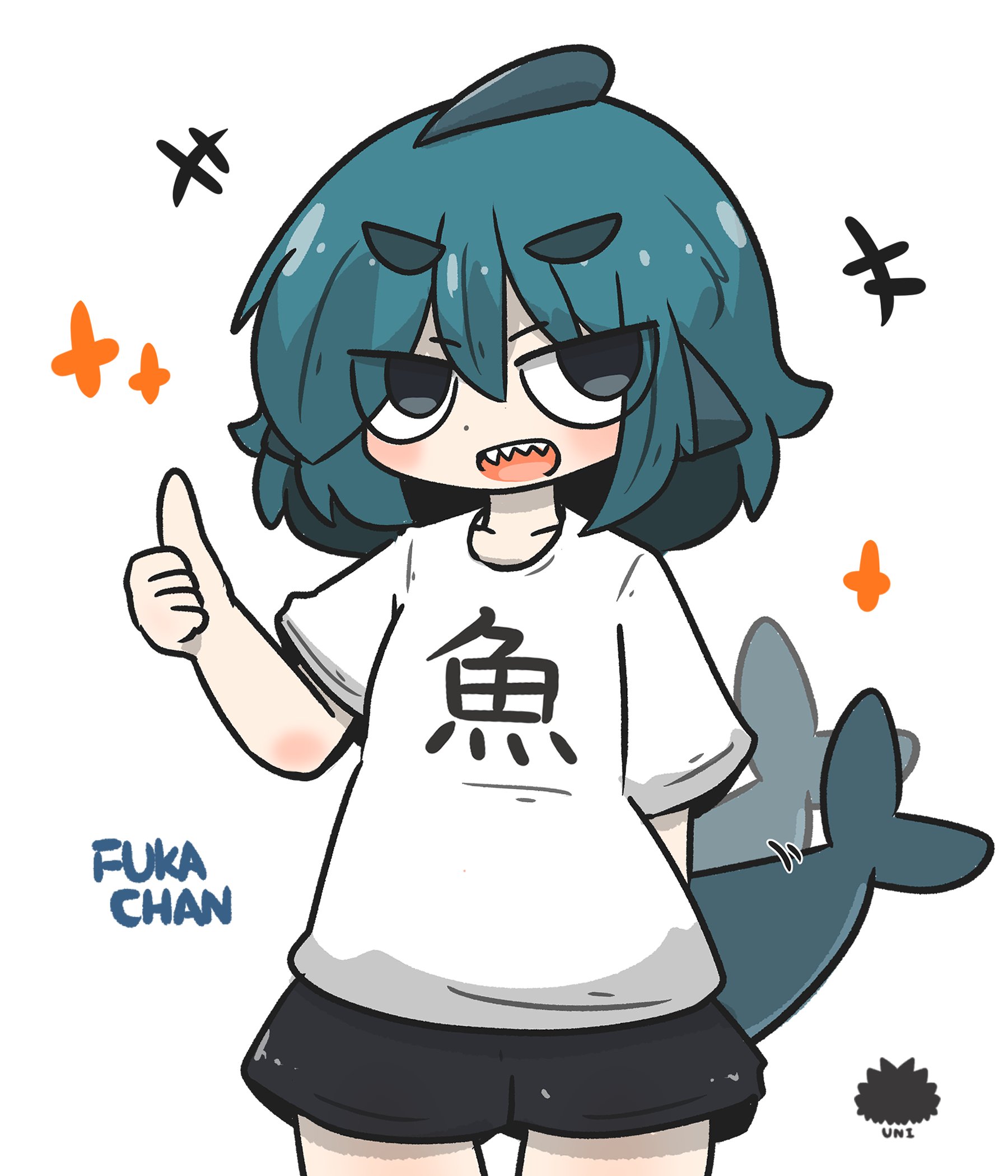 uni souchou, fuka-chan, original, commentary request, highres, +++, 1girl, :d, afterimage, black shorts, blue hair, blush, character name, chibi, clothes writing, collarbone, fins, fish tail, grey eyes, hair between eyes, looking at viewer, open mouth, sea urchin, shark tail, sharp teeth, shirt, short eyebrows, short sleeves, shorts, smile, solo, sparkle, tail, tail wagging, teeth, thick eyebrows, thumbs up, v-shaped eyebrows, white shirt