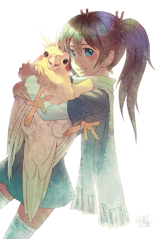 era (traveling bird), fishball, traveling bird, original, bad id, bad pixiv id, 1girl, bird, blue eyes, female focus, hug, long hair, scarf, skirt, solo, thighhighs, zettai ryouiki