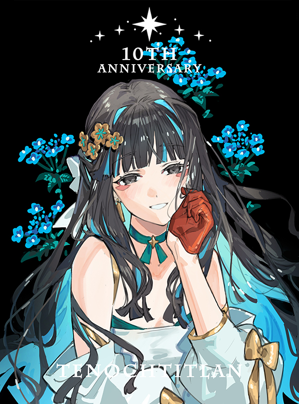 starshadowmagician, tenochtitlan (celebratory attire) (fate), tenochtitlan (fate), fate/grand order, fate (series), chinese commentary, commentary request, 1girl, anniversary, bare shoulders, black background, black eyes, black hair, blue flower, blue hair, blunt bangs, blunt ends, bow, character name, choker, colored inner hair, detached sleeves, dress, earrings, english text, facial mark, flower, gloves, green choker, hair bow, hair ornament, half gloves, hand in own hair, hand up, jewelry, long hair, looking at viewer, mark under both eyes, multicolored hair, parted lips, red gloves, simple background, sleeveless, sleeveless dress, smile, solo, star (symbol), streaked hair, three-quarter sleeves, upper body, white bow, white dress