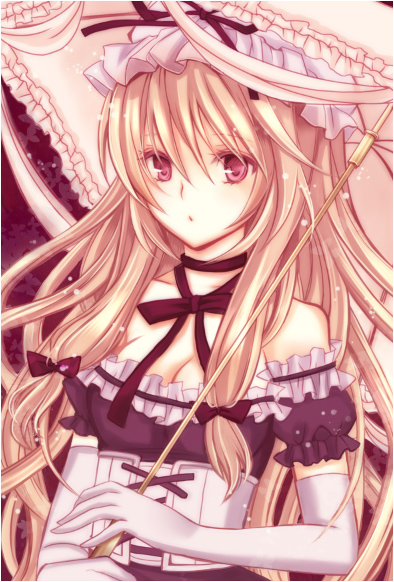 nozomi fuuten, yakumo yukari, touhou, bad id, bad pixiv id, 1girl, :o, armband, bare shoulders, blonde hair, bow, breasts, cleavage, corset, detached sleeves, dress, elbow gloves, female focus, gloves, hair bow, hat, hat ribbon, long hair, mob cap, parasol, pink eyes, purple dress, red bow, red eyes, red ribbon, ribbon, short sleeves, solo, umbrella, upper body, white gloves