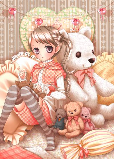 youkuzuri, original, bad id, bad pixiv id, brown hair, pillow, sewing, sitting, solo, striped clothes, striped thighhighs, stuffed animal, stuffed toy, teddy bear, thighhighs