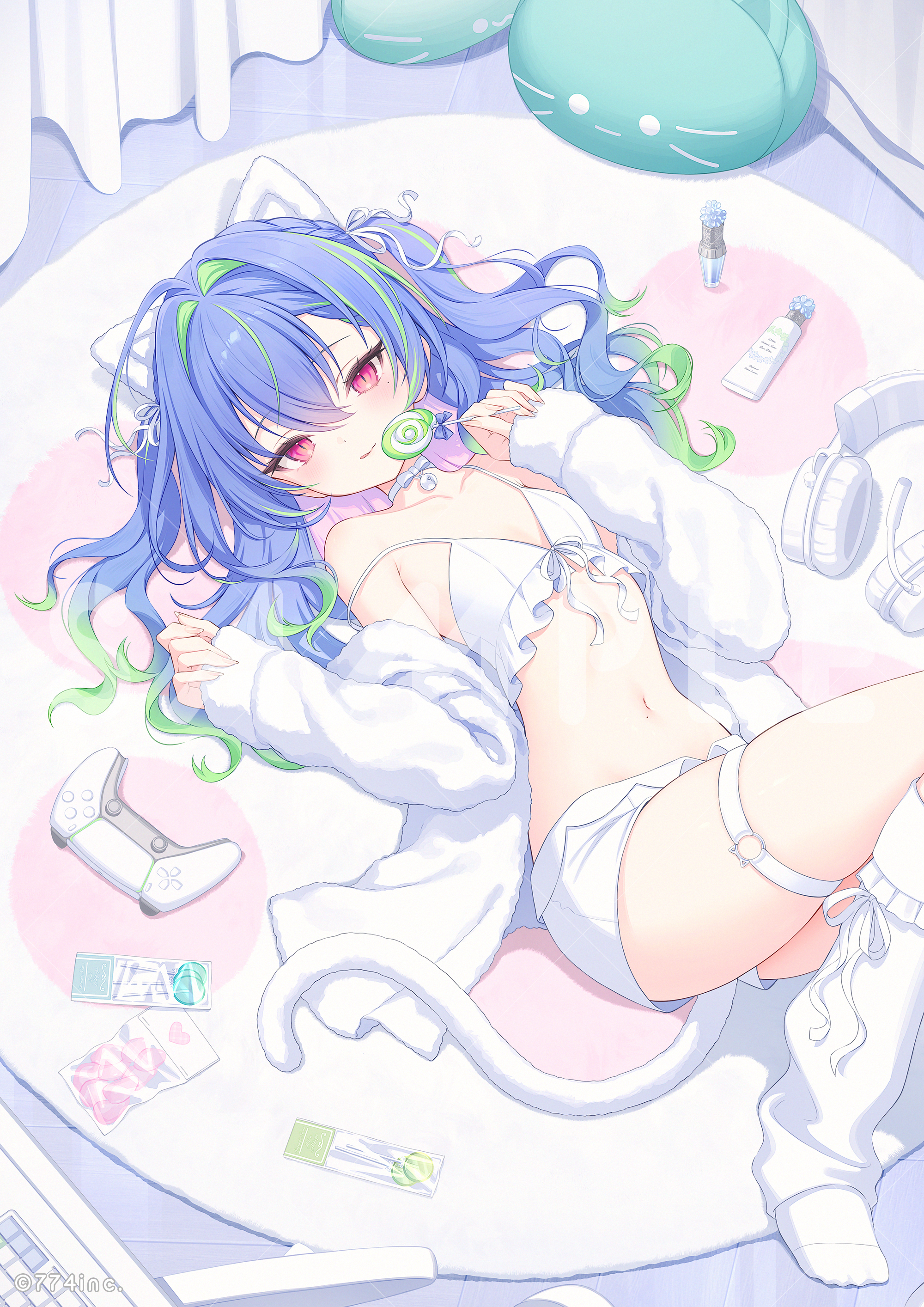 snow is, suzumi nemo, nanashi inc., absurdres, commentary request, highres, 1girl, animal ears, blue hair, bra, candy, closed mouth, controller, copyright notice, fake animal ears, fake tail, feet out of frame, food, game controller, gradient hair, green hair, holding, holding candy, holding food, holding lollipop, jacket, leg warmers, lollipop, long hair, looking at viewer, lying, multicolored hair, navel, official alternate costume, on back, panties, red eyes, ribbon, sample watermark, short shorts, shorts, smile, socks, solo, stomach, streaked hair, swirl lollipop, tail, underwear, virtual youtuber, watermark, wavy hair, white bra, white jacket, white leg warmers, white ribbon, white shorts, white socks
