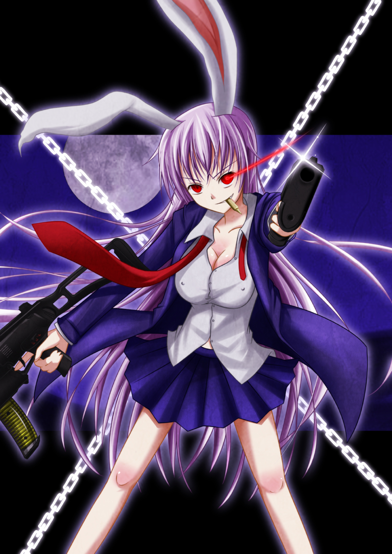 hoihoisan2, reisen udongein inaba, touhou, bad id, bad pixiv id, 1girl, animal ears, blazer, breasts, bullet, chain, covered erect nipples, female focus, glowing, glowing eyes, gun, jacket, large breasts, long hair, miniskirt, moon, mouth hold, necktie, purple hair, rabbit ears, red eyes, red necktie, skirt, solo, weapon