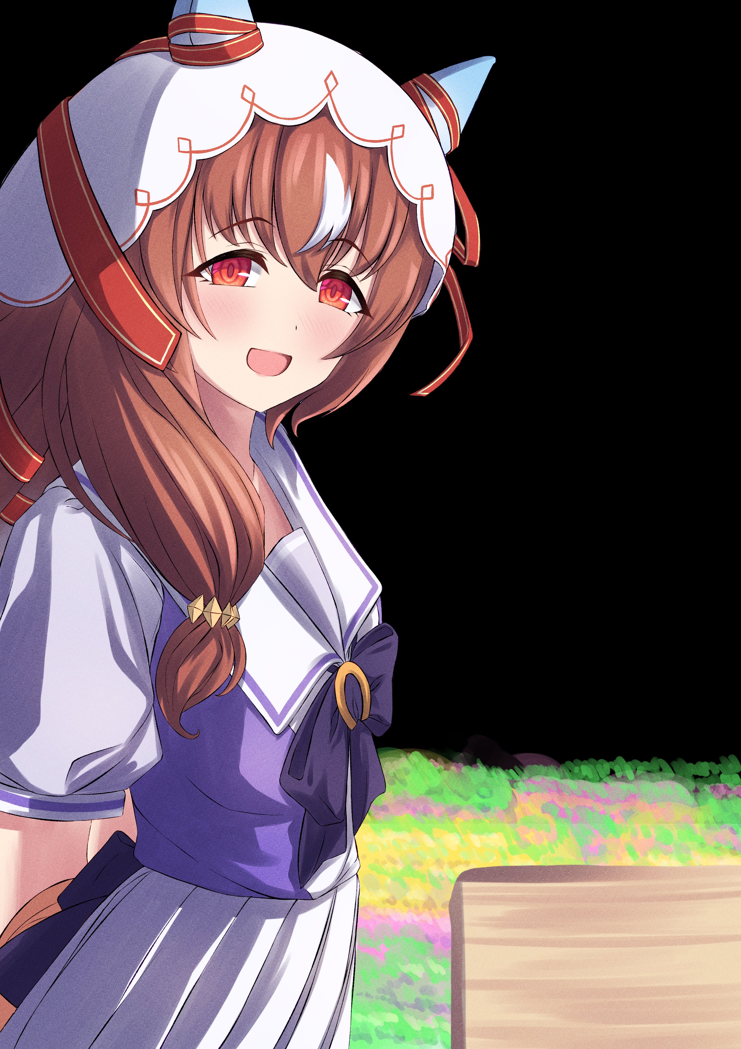 sonicxeon, still in love (umamusume), umamusume, absurdres, highres, 1girl, animal ears, blush, breasts, brown hair, collarbone, dark background, field, flower, flower field, hair ornament, horse ears, horse tail, long hair, looking at viewer, open mouth, red eyes, school uniform, small breasts, solo, tail, tracen school uniform, veil