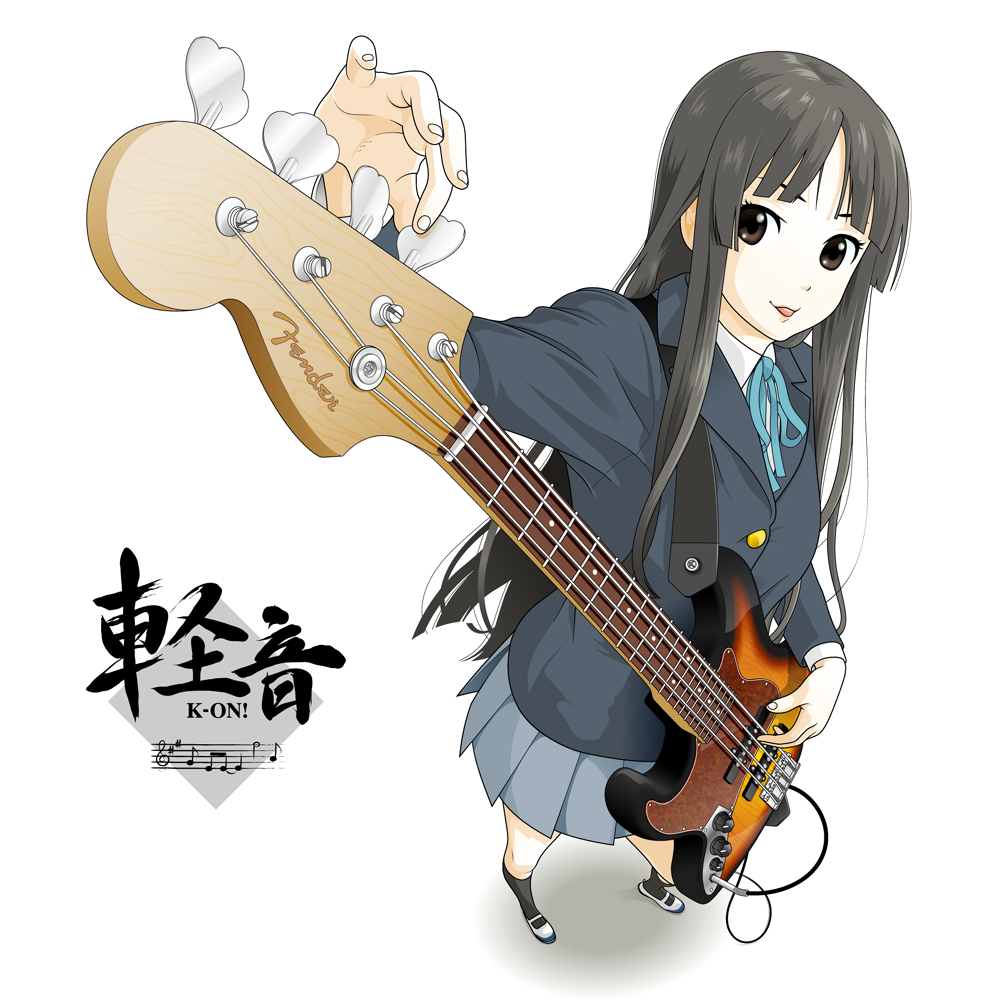 makio (es335), akiyama mio, k-on!, 00s, 1girl, bass guitar, black eyes, black hair, blunt bangs, brown eyes, female focus, full body, gradient background, guitar, hime cut, instrument, kneehighs, long hair, school uniform, socks, solo