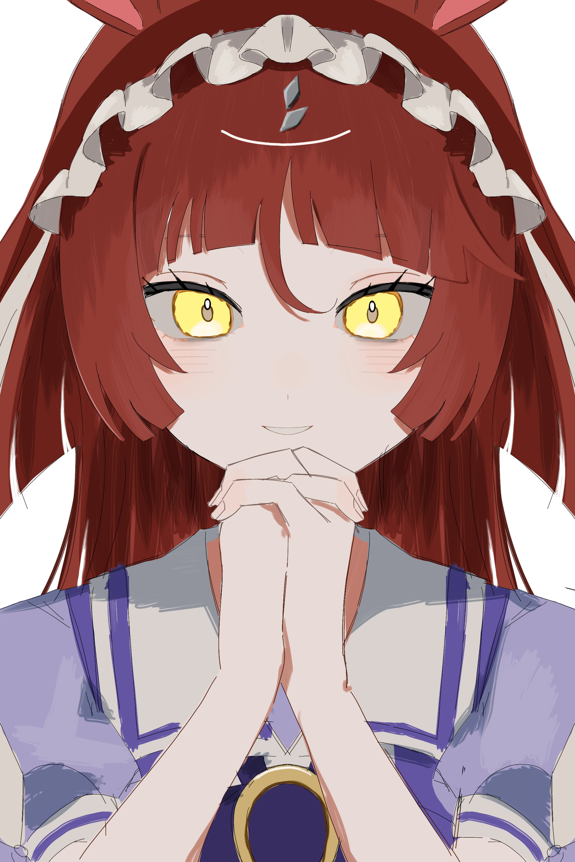 red desire (umamusume), umamusume, absurdres, highres, 1girl, animal ears, blunt bangs, blunt ends, blush, bow, bowtie, chazuke, hair between eyes, horse ears, horse girl, looking at viewer, own hands clasped, own hands together, puffy short sleeves, puffy sleeves, purple bow, purple bowtie, purple shirt, sailor collar, school uniform, shirt, short sleeves, simple background, solo, tracen school uniform, white background, white sailor collar, yellow eyes