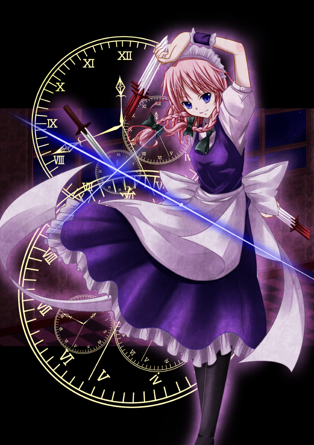 hoihoisan2, izayoi sakuya, touhou, bad id, bad pixiv id, highres, 1girl, blue eyes, bow, braid, clock, female focus, gradient background, hair bow, hairband, knife, maid, solo, thighhighs, throwing knife, twin braids, weapon