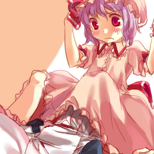 irua, izayoi sakuya, remilia scarlet, touhou, bad id, bad pixiv id, lowres, 2girls, blush, female focus, hat, multiple girls, purple hair, red eyes, short hair, sketch, sweatdrop, upskirt