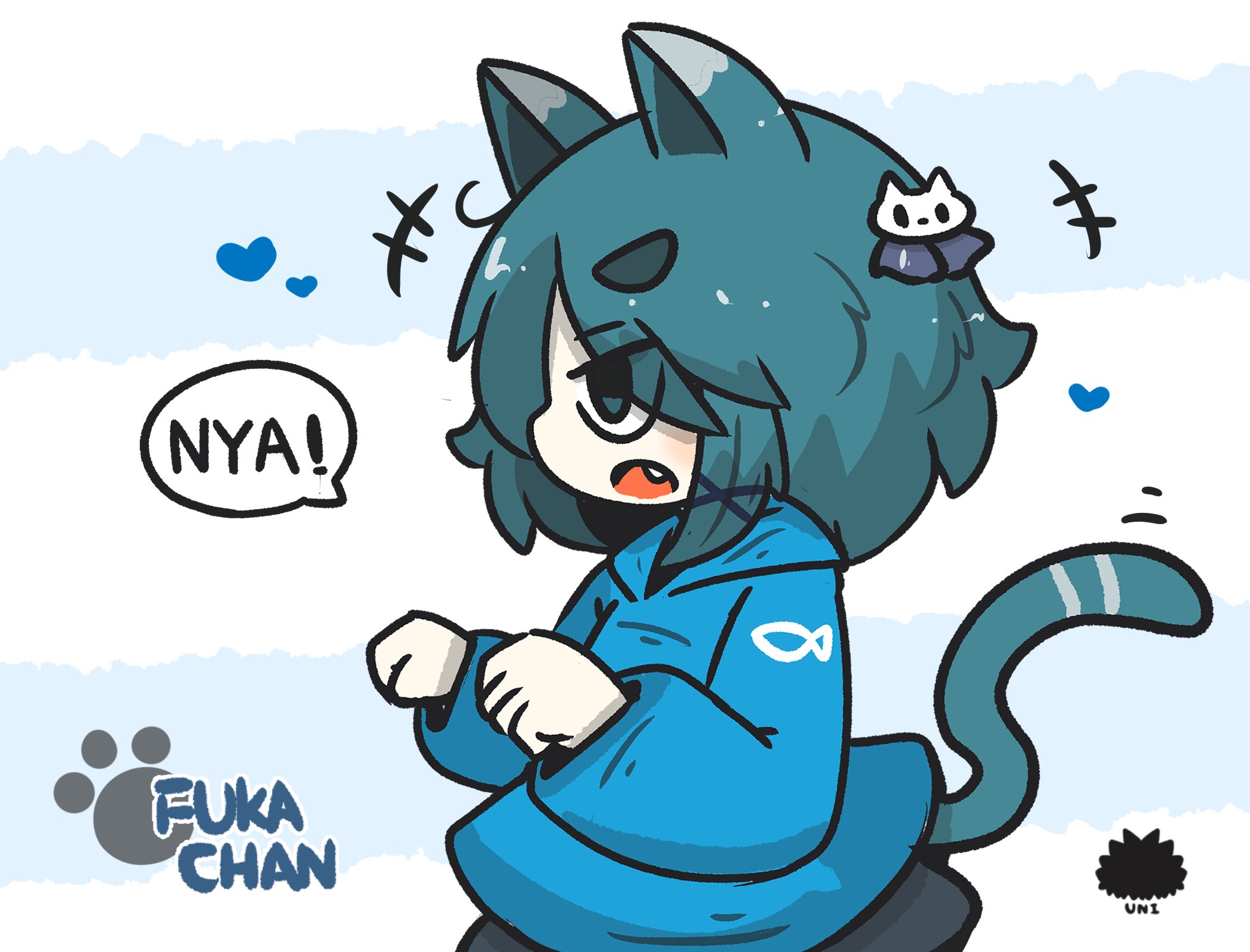 uni souchou, fuka-chan, original, commentary request, highres, +++, 1girl, :o, animal ears, black skirt, blue eyes, blue hair, blue hoodie, cat ears, cat girl, cat tail, character name, fang, from side, heart, hood, hood down, hoodie, kemonomimi mode, long sleeves, open mouth, paw pose, profile, romaji text, sea urchin, short eyebrows, skirt, sleeves past wrists, solo, tail, thick eyebrows