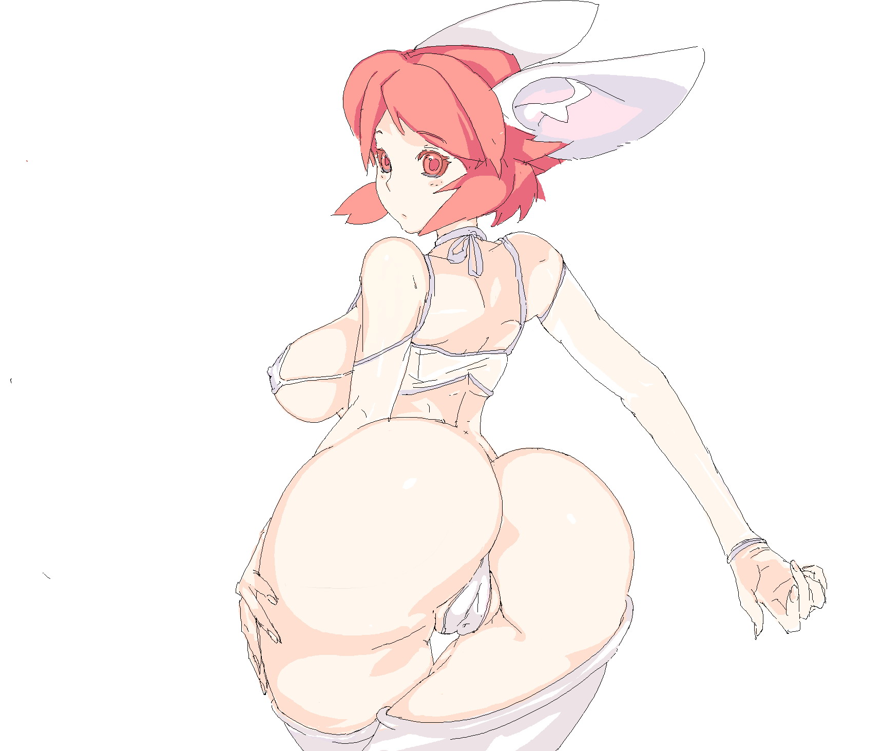 evil-ss, vrco, original, highres, 1girl, animal ears, ass, bikini, borrowed character, breasts, cameltoe, cat ears, covered erect nipples, female focus, large breasts, looking back, red hair, sideboob, solo, swimsuit, white bikini
