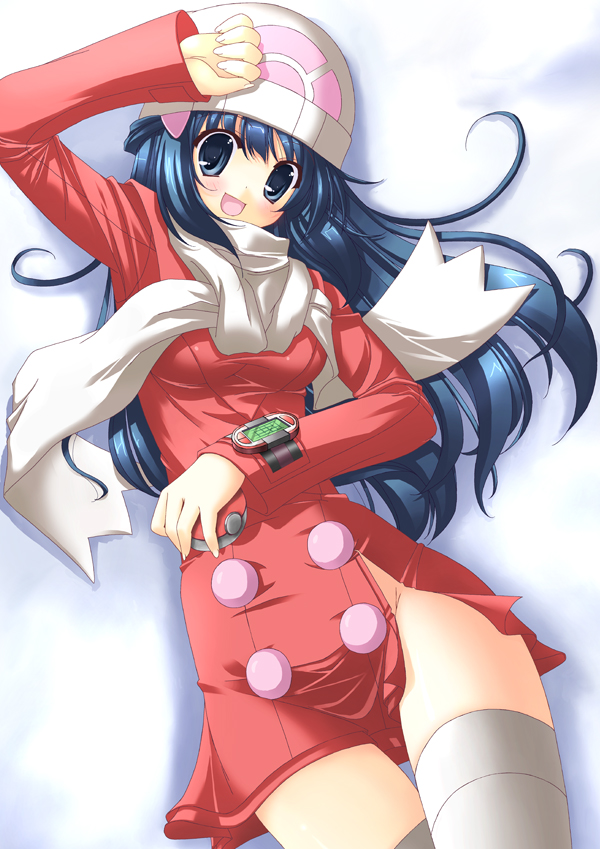 rappa (rappaya), dawn (pokemon), dawn (pokemon platinum), nintendo, pokemon, pokemon dppt, pokemon platinum, 00s, 1girl, alternate costume, beanie, blue eyes, blue hair, blush, breasts, female focus, hat, holding, holding poke ball, long hair, looking at viewer, matching hair/eyes, no panties, open mouth, poke ball, scarf, side slit, smile, solo, thighhighs, thighs, torn clothes, watch, white scarf, winter clothes, wristwatch