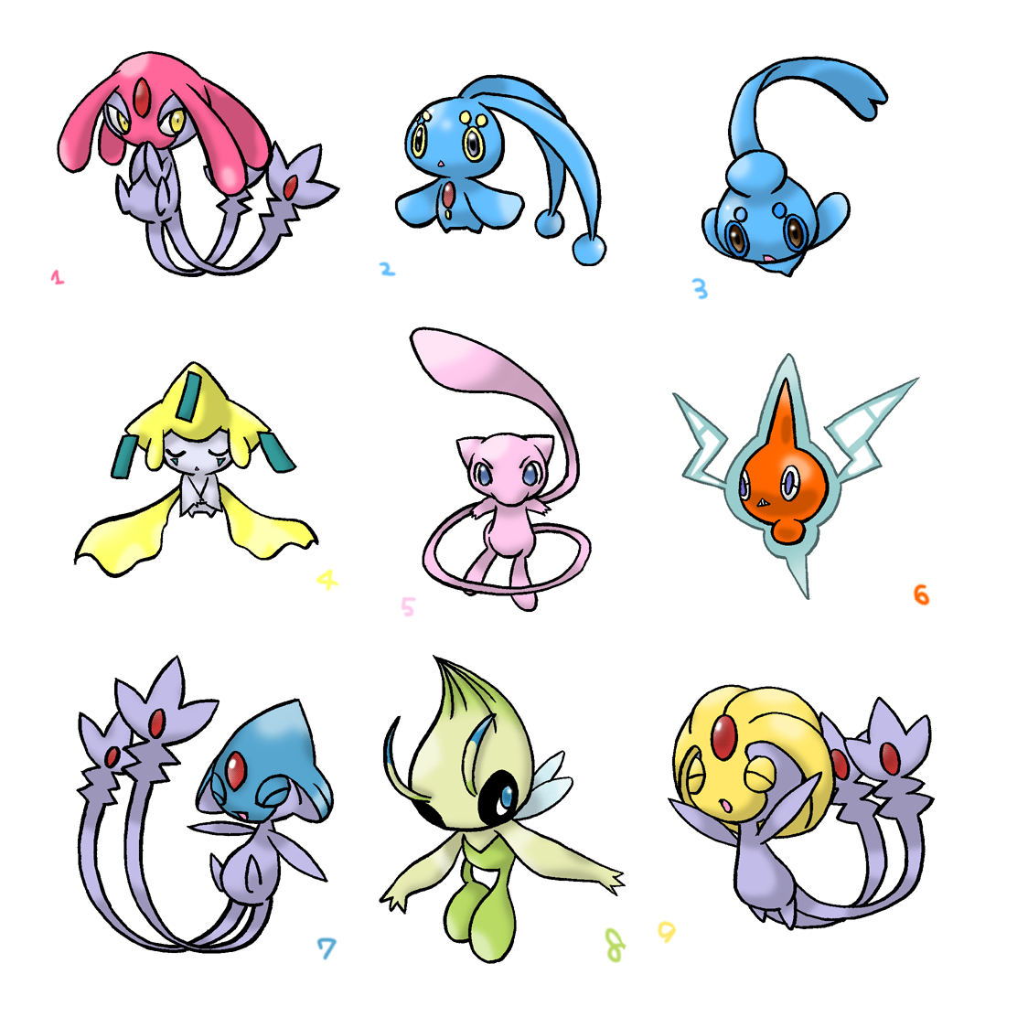 hitsubaru, subako, azelf, celebi, jirachi, manaphy, mesprit, mew (pokemon), phione, rotom, rotom (normal), uxie, nintendo, pokemon, 00s, antenna hair, closed eyes, creature, electricity, flying, gen 1 pokemon, gen 2 pokemon, gen 3 pokemon, gen 4 pokemon, ghost, glowing, impossible clothes, legendary pokemon, looking at viewer, multiple tails, mythical pokemon, no humans, pokemon (creature), simple background, sleeping, star (symbol), tail, two tails, white background, yellow eyes