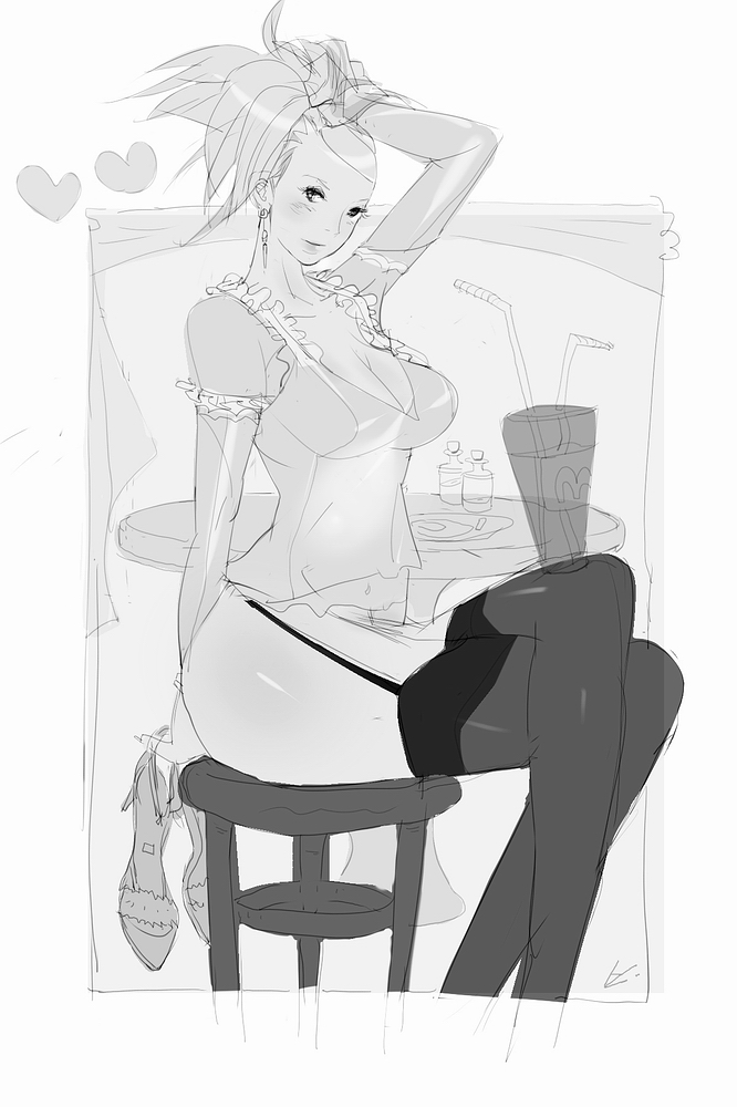 evil-ss, original, 1girl, breasts, cleavage, crossed legs, female focus, garter belt, greyscale, monochrome, sitting, solo, thick thighs, thighhighs, thighs