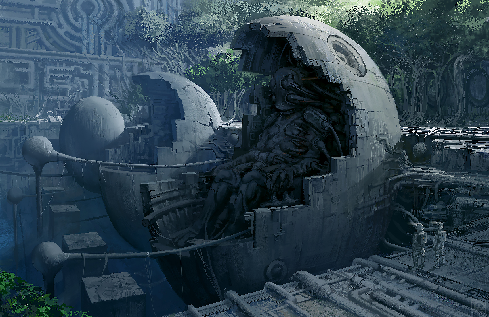 noba, original, commentary, commentary request, english commentary, highres, mixed-language commentary, 2others, abandoned, alien, ambiguous gender, day, forest, machinery, multiple others, nature, outdoors, overgrown, scenery, science fiction, spacesuit, wide shot