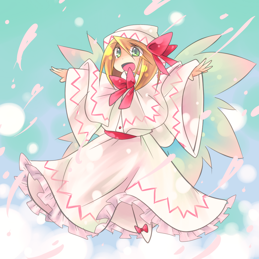 hitsubaru, subako, lily white, touhou, 1girl, blonde hair, female focus, green eyes, hat, short hair, solo, wings