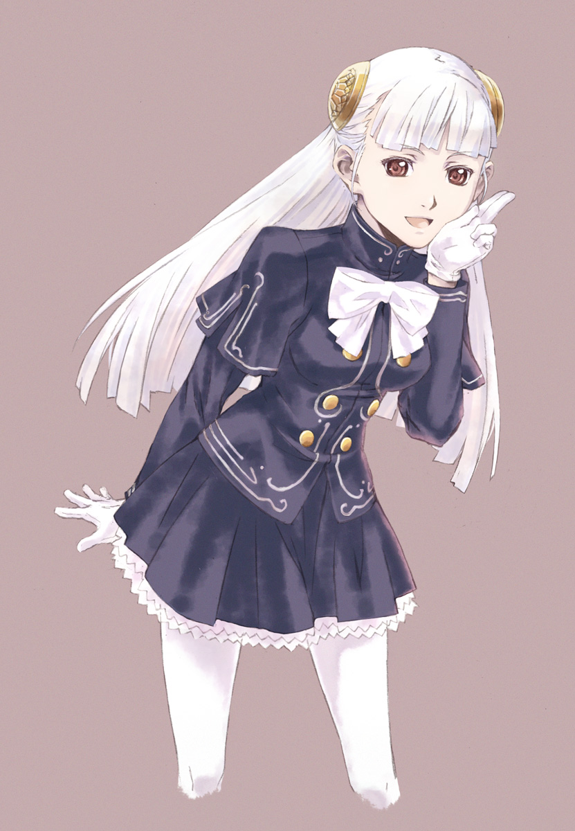 nyaou, ingrid (capcom), capcom, capcom fighting jam, bad id, bad pixiv id, highres, bun cover, double bun, dress, gloves, hair bun, hairpods, long hair, pantyhose, red eyes, skirt, solo, white hair, white pantyhose