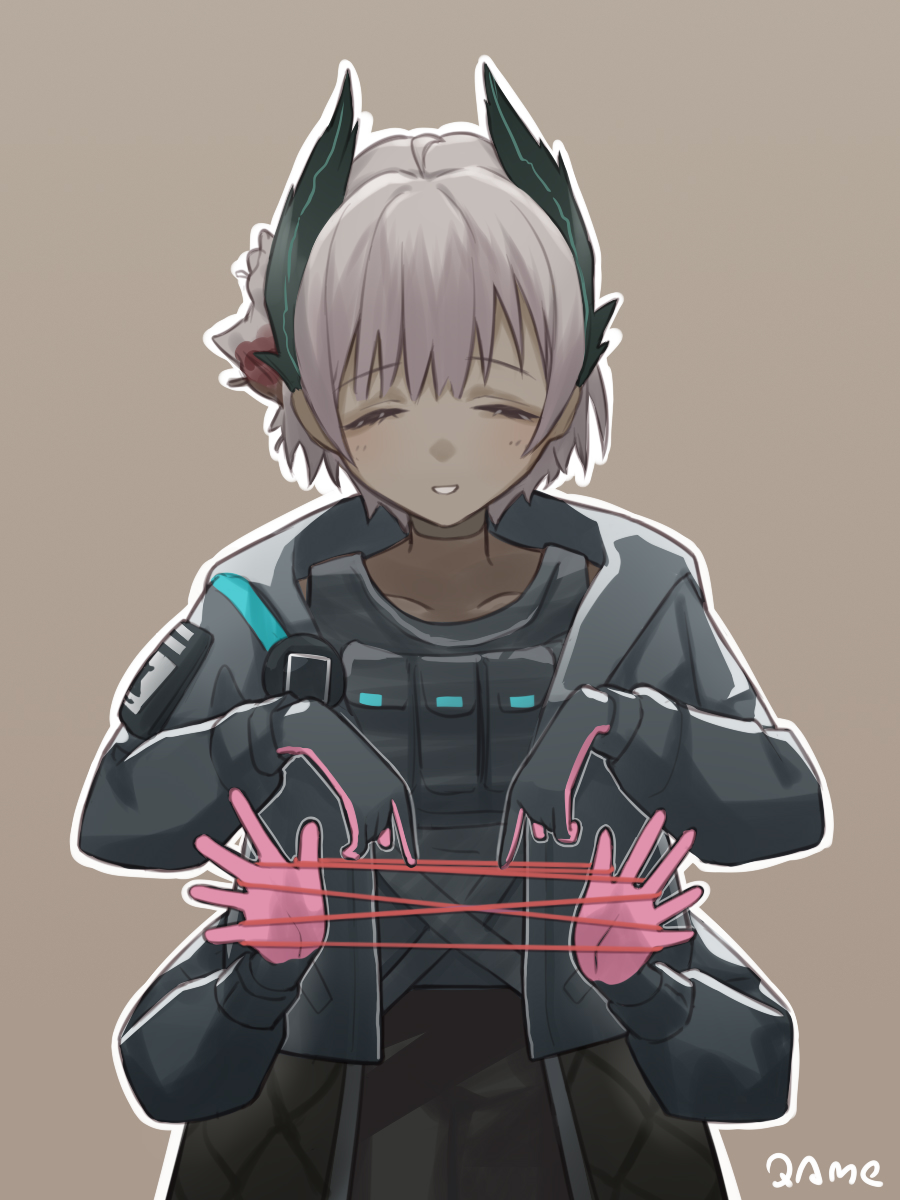 jiuyu qame, raidian (arknights), arknights, highres, 1girl, ^ ^, artist name, black gloves, black jacket, closed eyes, commentary typo, dark-skinned female, dark skin, extra arms, facing viewer, gloves, grey hair, jacket, long sleeves, open clothes, open jacket, outline, parted lips, pink gloves, short hair, smile, solo, white outline