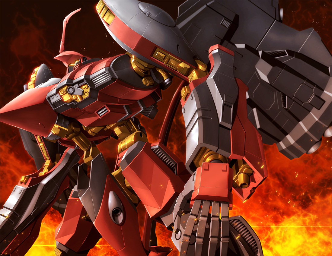 zb (dawn-blue), nineball, nineball seraph, armored core, armored core: master of arena, fromsoftware, armor, fire, helmet, machinery, mecha, mecha focus, no humans, robot, weapon