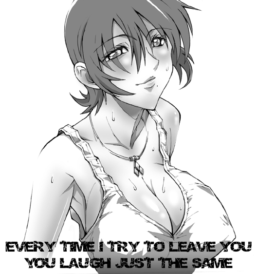 shibari kana, breasts, cleavage, english text, greyscale, huge breasts, jewelry, monochrome, necklace, short hair