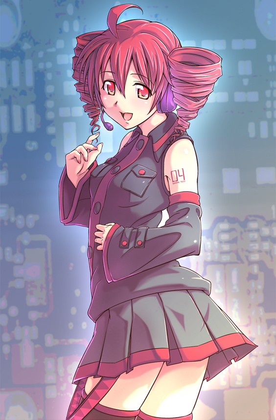e20, kasane teto, kasane teto (utau), utau, vocaloid, 1girl, detached sleeves, drill hair, female focus, red eyes, red hair, solo, thighhighs, twin drills, twintails