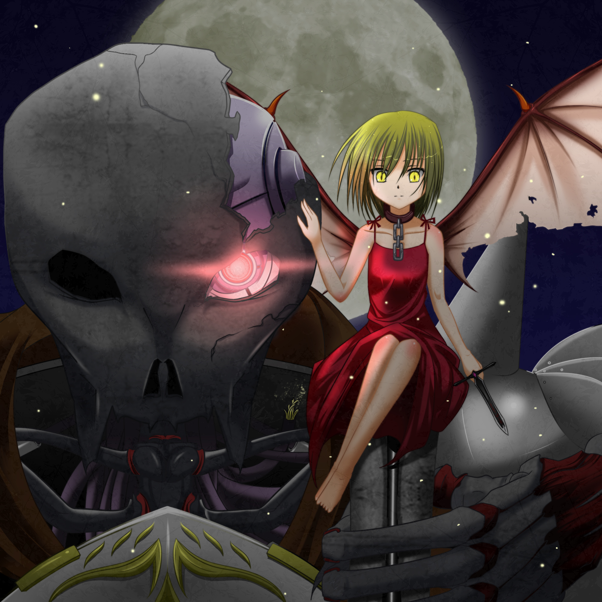 hoihoisan2, bad id, bad pixiv id, highres, barefoot, blonde hair, chain, collar, dagger, demon girl, demon wings, dress, glowing, glowing eye, glowing eyes, knife, moon, snow, weapon, wings, yellow eyes