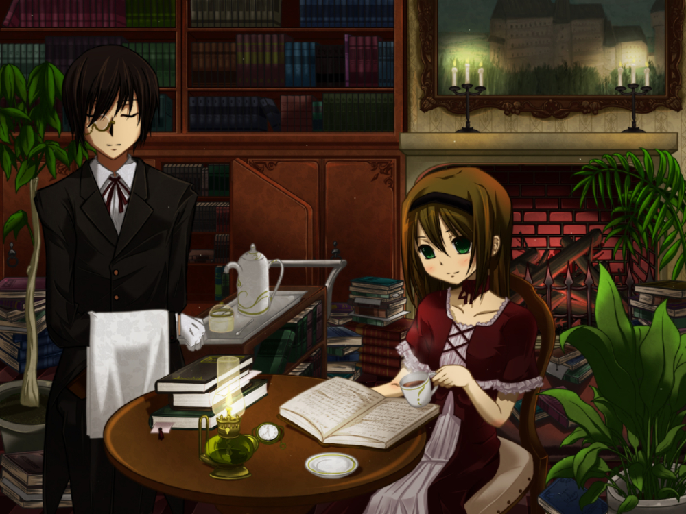 hoihoisan2, bad id, bad pixiv id, 1boy, 1girl, book, brown hair, butler, candle, gloves, green eyes, hairband, monocle, monocle chain, open book, plant, pocket watch, reading, tea, watch