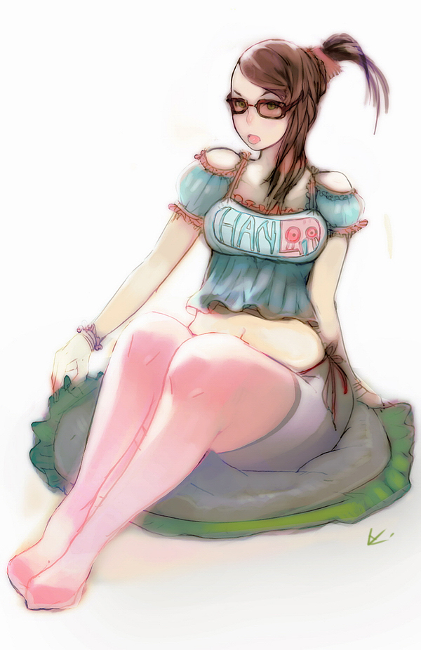 evil-ss, original, 1girl, breasts, brown hair, female focus, glasses, green eyes, hip focus, medium breasts, midriff, plump, sitting, solo, thighhighs, wide hips