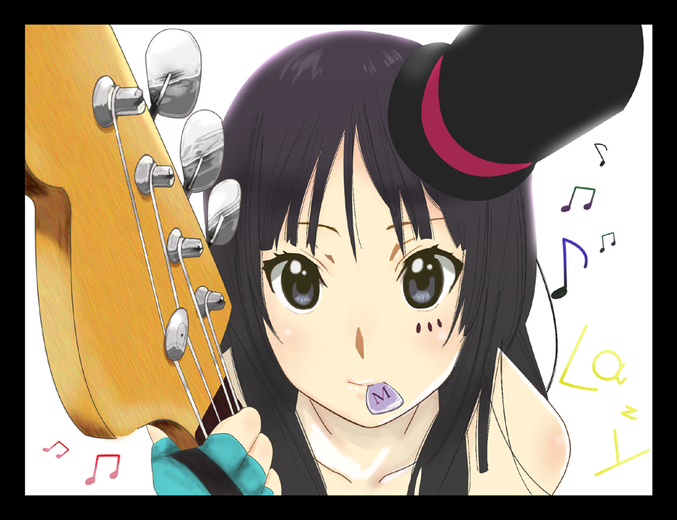 kosame02, akiyama mio, don't say "lazy", k-on!, bad id, bad pixiv id, 00s, 1girl, bass guitar, black border, black eyes, black hair, blunt bangs, border, female focus, fingerless gloves, gloves, guitar, hat, hime cut, instrument, long hair, mini hat, mini top hat, mouth hold, musical note, plectrum, solo, top hat