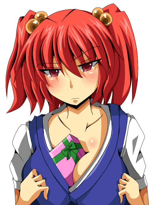 shin-mottie, onozuka komachi, touhou, 1girl, bad anatomy, bad hands, between breasts, blush, breasts, cleavage, female focus, gift, hair bobbles, hair ornament, large breasts, poorly drawn, red hair, solo, twintails, two side up