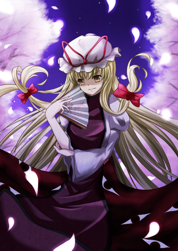 hoihoisan2, yakumo yukari, touhou, bad id, bad pixiv id, 1girl, blonde hair, cherry blossoms, female focus, hair ribbon, hand fan, hat, long hair, nature, outdoors, plant, ribbon, sky, solo