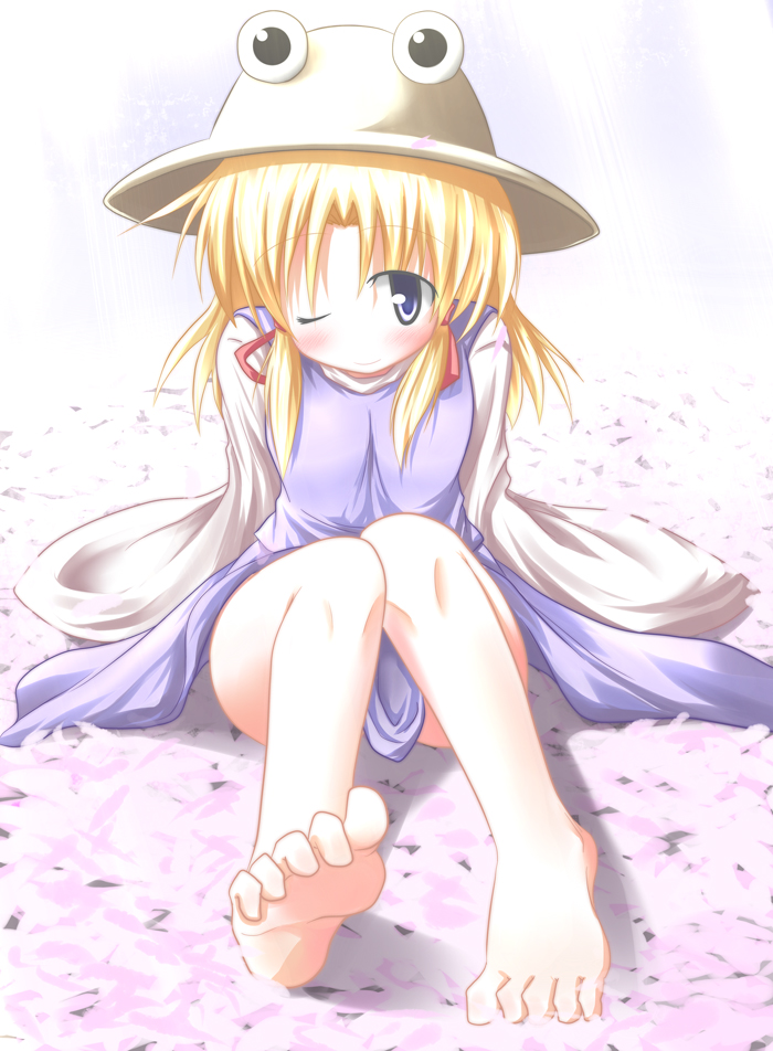 baerun, moriya suwako, touhou, 1girl, barefoot, feet, female focus, full body, gradient background, hat, one eye closed, skirt, solo, white background, wink