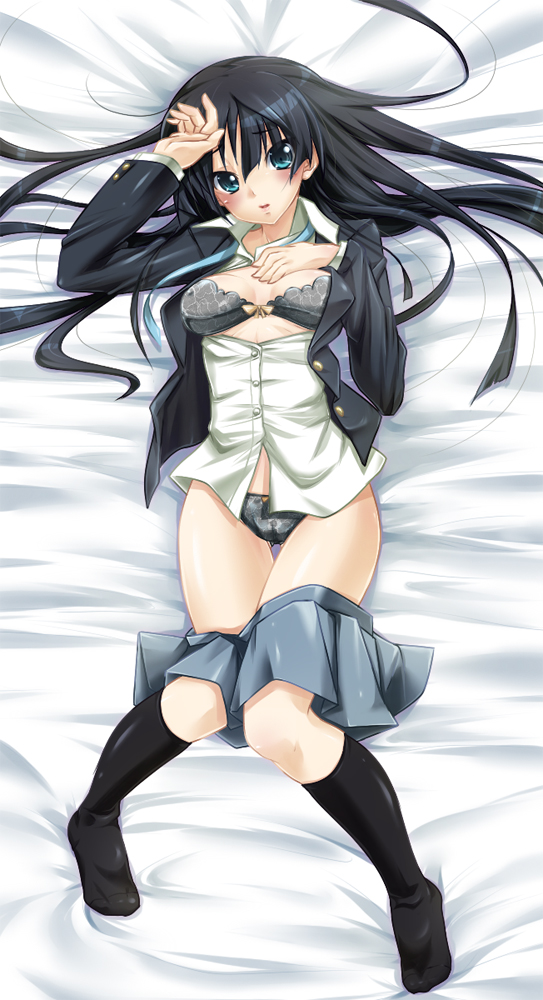 yukinon, yukinon (tsuki koubou), akiyama mio, k-on!, 00s, 1girl, black bra, black hair, black panties, black socks, blue eyes, blunt bangs, bra, clothes pull, dakimakura (medium), female focus, full body, hime cut, kneehighs, lingerie, long hair, lying, open clothes, open shirt, panties, school uniform, shirt, skirt, skirt pull, socks, solo, underwear