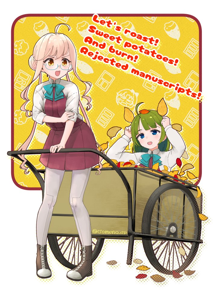 someno haru, makigumo (kancolle), yuugumo (kancolle), kantai collection, commentary request, 2girls, ahoge, blue eyes, blunt bangs, boots, cart, collared shirt, dress, dress shirt, english text, full body, glasses, green hair, grey pantyhose, lace-up boots, leaf, long hair, low twintails, multiple girls, pantyhose, pink hair, purple dress, shirt, sleeves rolled up, twintails, white shirt, yellow eyes