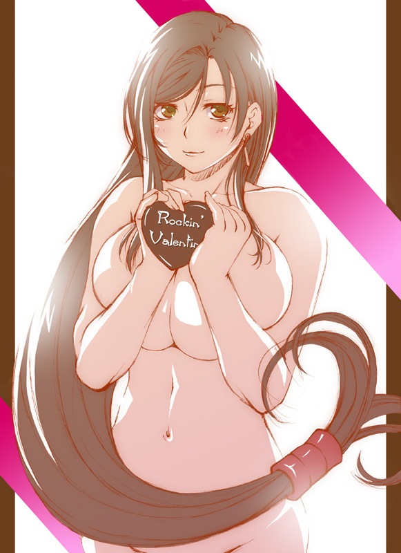 fumizuki misoka, tifa lockhart, final fantasy, final fantasy vii, 1990s (style), 1girl, breast press, breasts, breasts squeezed together, brown eyes, brown hair, covering breasts, covering privates, earrings, female focus, floating earrings, gift, holding, holding gift, huge breasts, incoming gift, jewelry, long hair, low-tied long hair, navel, nude, nude cover, retro artstyle, smile, solo, valentine