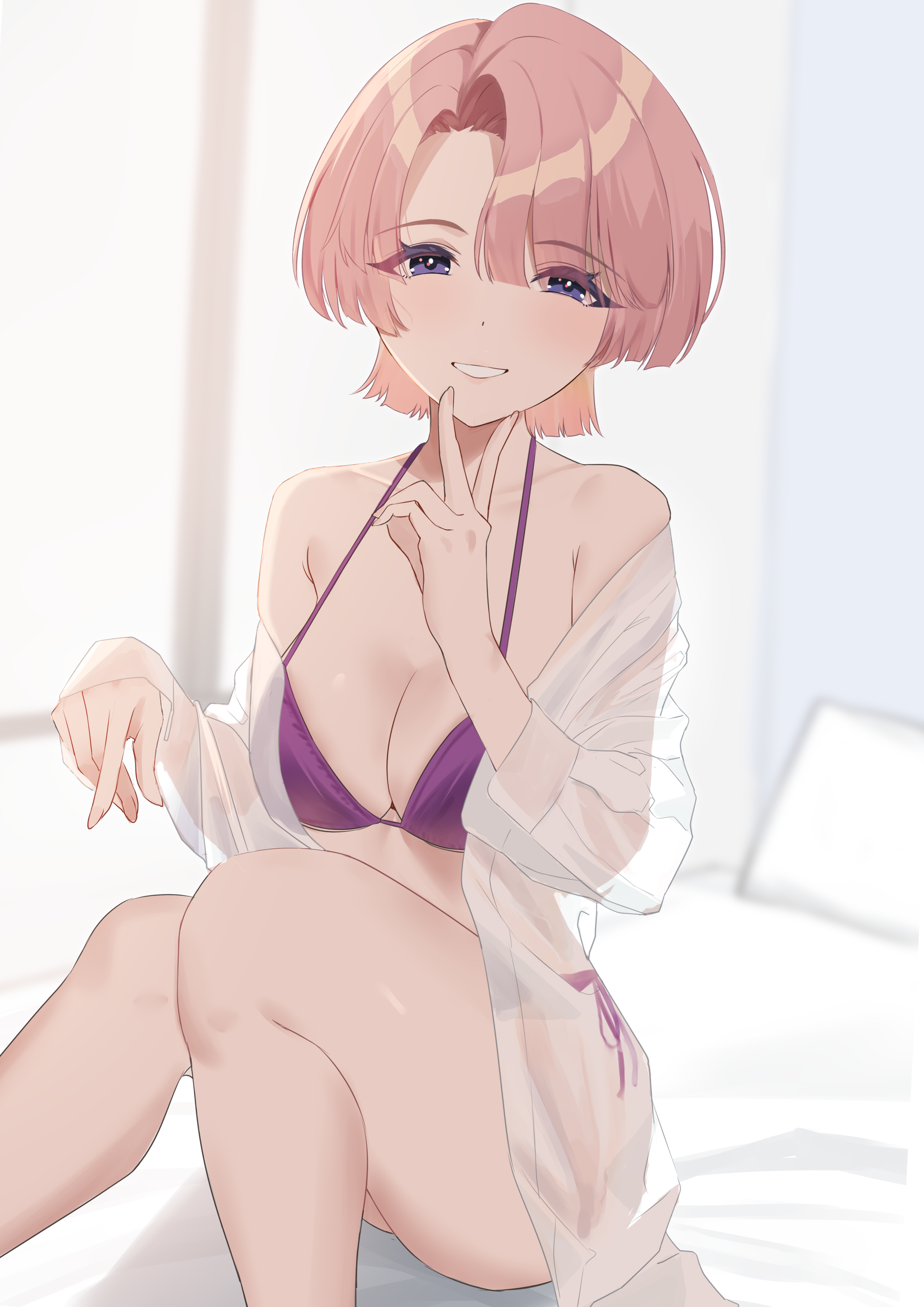 etsutsuni, arimura mao, gakuen idolmaster, idolmaster, absurdres, highres, 1girl, bedroom, bikini, blurry, blurry background, breasts, collarbone, fingernails, grin, indoors, large breasts, long sleeves, looking at viewer, medium hair, open clothes, open shirt, parted bangs, pink hair, pink nails, purple bikini, purple eyes, see-through clothes, see-through shirt, shirt, side-tie bikini bottom, sitting, smile, solo, swimsuit, thighs, v, white shirt