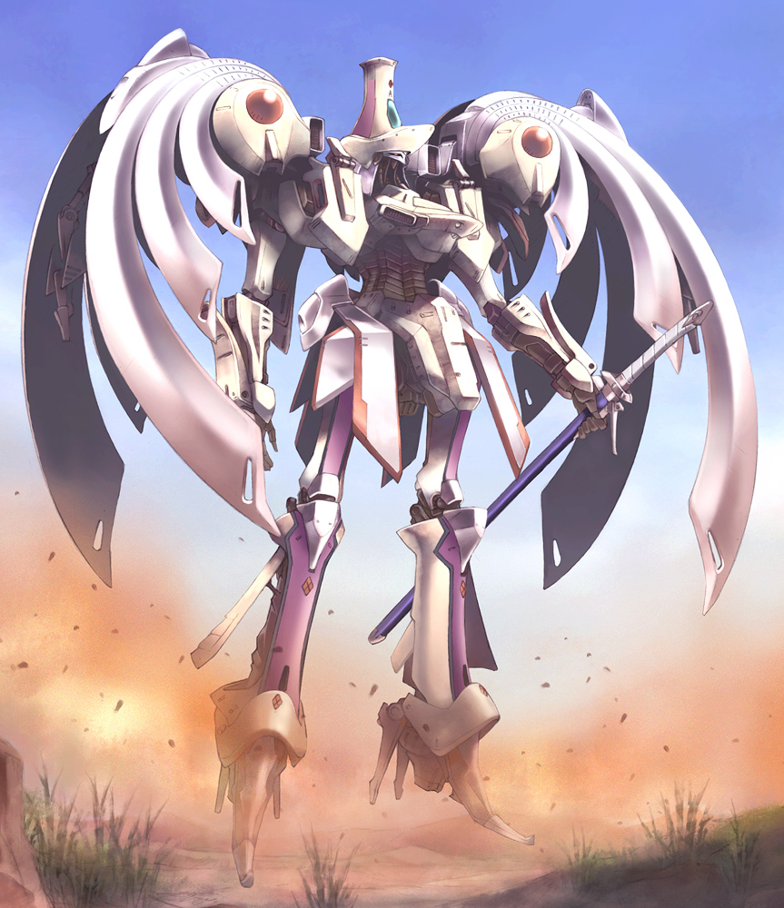 nyaou, auge arsculs, five star stories, armor, blue sky, day, floating, full body, grass, holding, holding sword, holding weapon, mecha, mortar headd, no humans, robot, rubble, sheath, sheathed, sky, super robot, sword, weapon