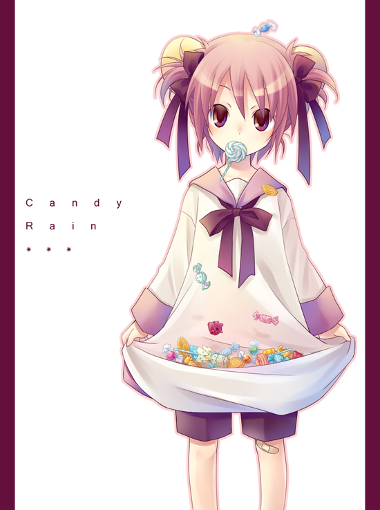 allegretto (pixiv), hato nanawa, original, 1girl, animal ears, bandaid, candy, clothes lift, double bun, female focus, food, hair bun, hair ribbon, lollipop, mouse ears, mouth hold, pillarboxed, ribbon, shirt lift, shorts, skirt basket, solo, swirl lollipop
